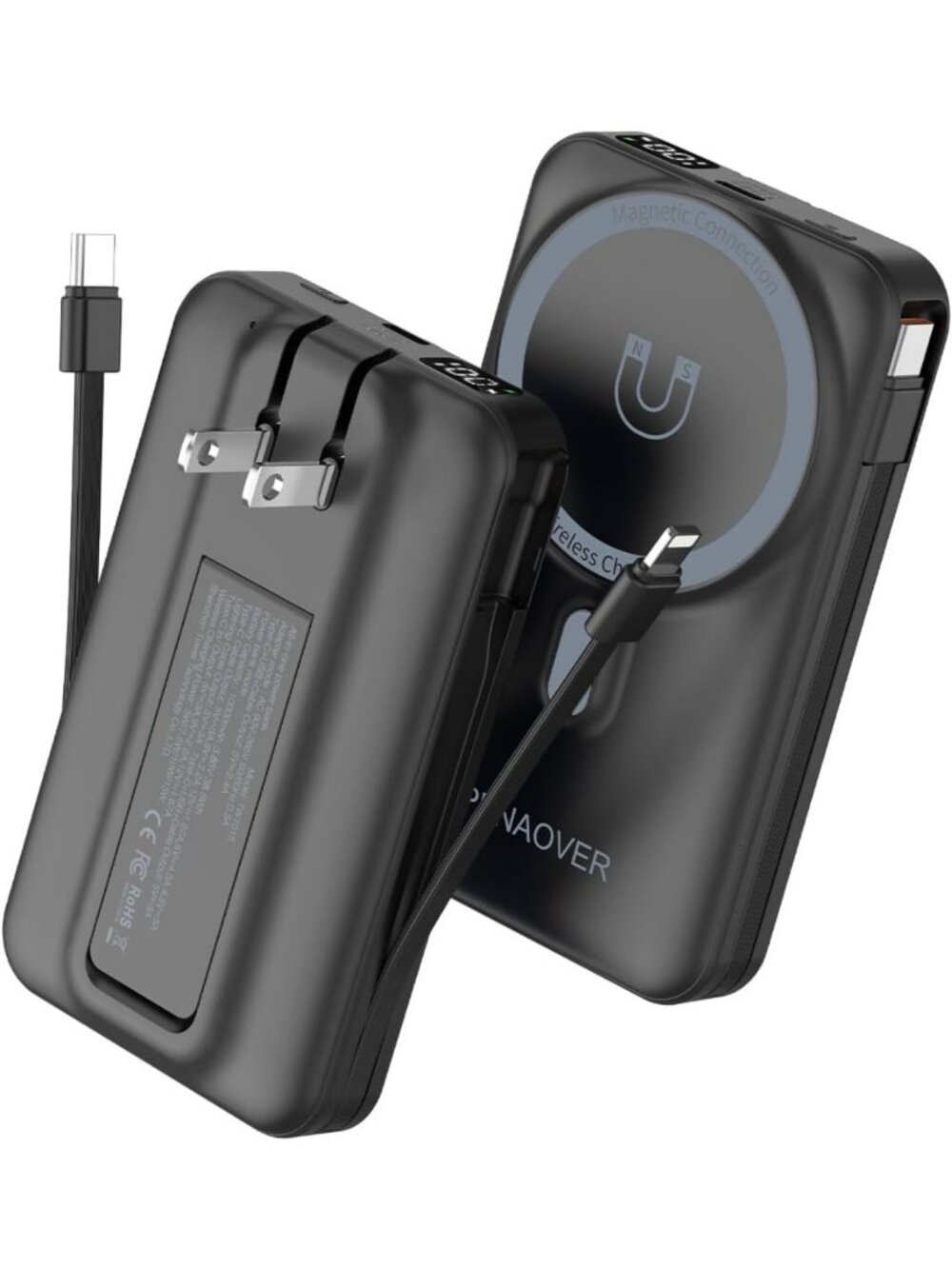 10000mAh Magnetic Wireless Charger Power Bank, Fast Charging with Built-in Cable